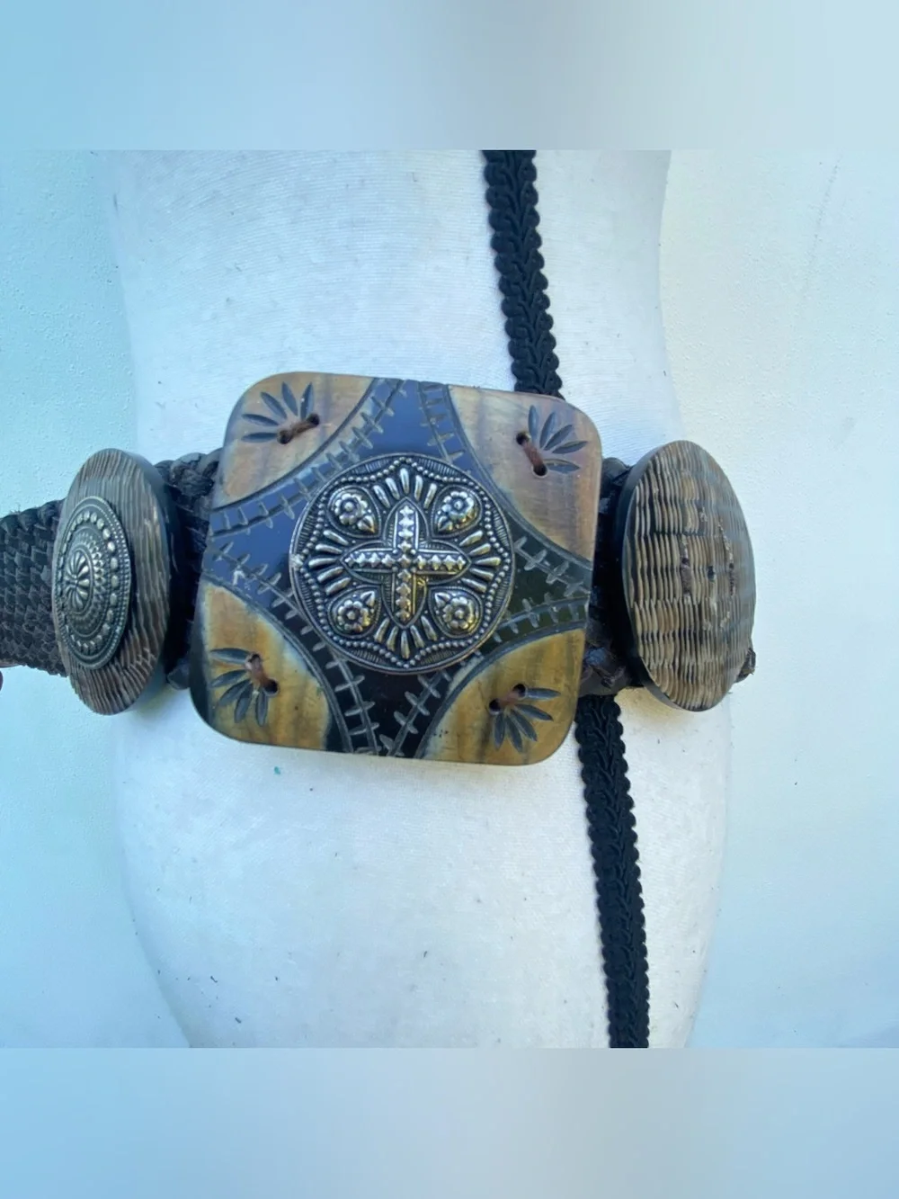 TheY2K Dark Brown Leather Tribal Metal & Wood Embellished Statement Belt Size M
